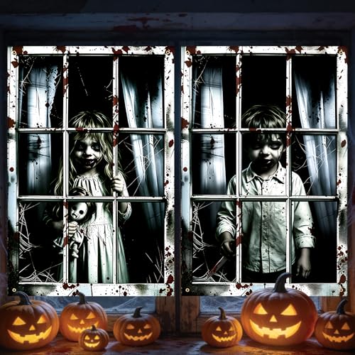 2 Pack Halloween Window Curtain Cover Scary Creepy Kids Window Poster 47 31.5 Inches Haunted House Window Decorations for Halloween Party Indoor Outdoor Wall Door Dcor