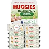 Huggies Sensitive Baby Wipes, Natural Care Baby Diaper Wipes, Unscented, Hypoallergenic, 99% Purified Water, 10 Flip-Top Packs (560 Wipes Total)