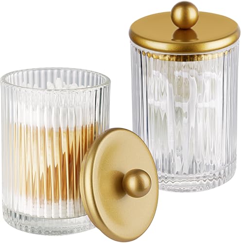 SheeChung 2-Pack Gold Ribbed Glass Qtip Holder - Apothecary Jars Bathroom Organizer with Metal Lids - Countertop Vanity Canister Set for Cotton Swabs, Rounds, Floss Picks-Modern Luxury Decor