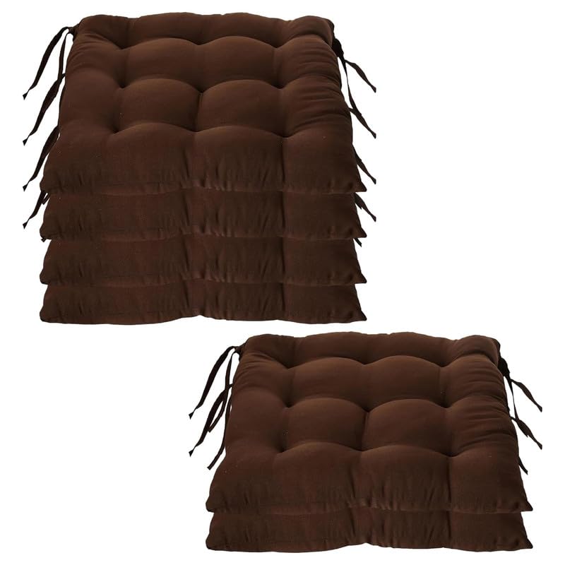 Image of Rajasthan Crafts Pack of 6 Chair Pad | Chair Cushion Pad | Microfiber Square Chair Pads with Ties | Seat Cushion for Chair Office, Sitting, Pooja, Dining & Office Tables (16x16 Inch, Brown)