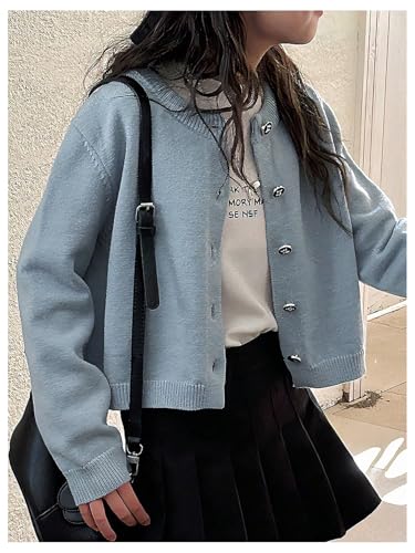 SHENHE Girl's Cardigan Sweater Button Down Lightweight Crewneck Solid Cropped Cardigan4