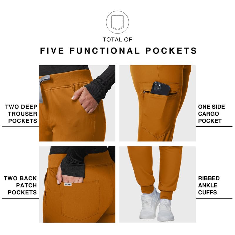 Image of Kitmaz Scrub Pants for Women - Mid Rise 4-Way Stretch Anti-Wrinkle Slim Fit Jogger Pants, Drawstring & 5 Pockets
