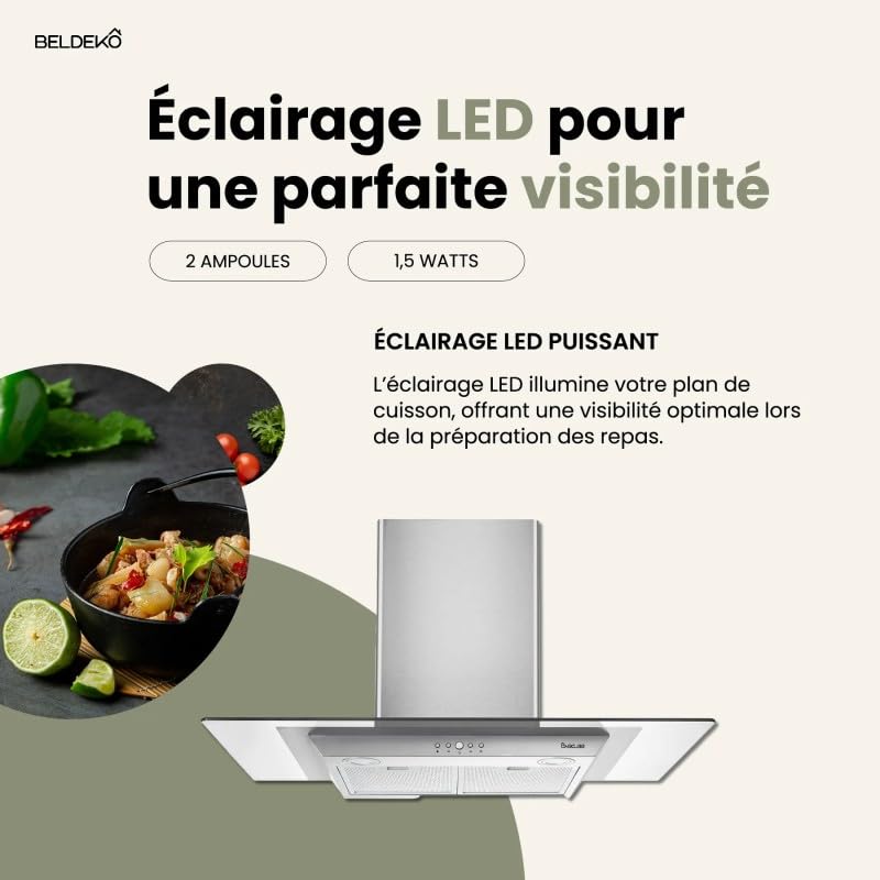 Hotte décorative murale BELDEKO 90 cm – Verre & Inox – 200 Watts - Débit 560 m³/h – 3 vitesses + LED – Recyclage ou évacuation – Marque française