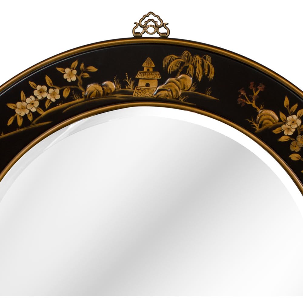 Black Lacquer Chinoiserie Scenery Motif Oriental Round Mirror product thumbnail 3