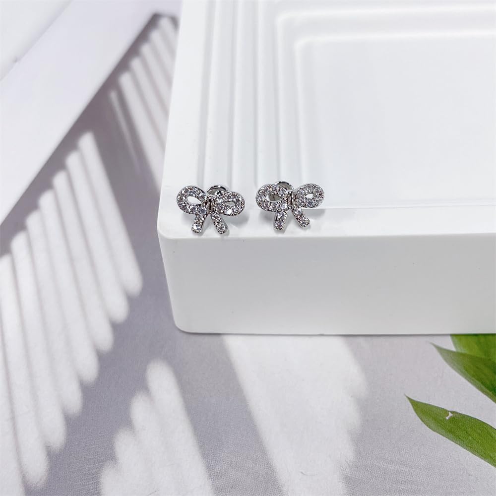 20g CZ Bow Flat Screw Back Small Stud Earrings for Women Titanium Steel Silver Plated Cute Sparkling Crystal Ribbon Cartilage Tragus Helix Tiny Piercing Studs Hypoallergenic Fashion Jewelry - Image 2