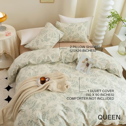 ECOCOTT 3 Pieces Duvet Cover Set with Vintage Green Leaves Pattern 100% Natural Cotton Cozy Simple Style Bedding Set (Queen Size)