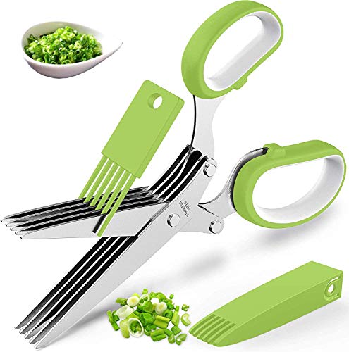 Herb Scissors – Multipurpose Kitchen Cutting Shears with 5 Stainless Steel Blades, Sharp and Anti-rust, Includes Protective Guard Cover & Cleaning Comb. Kitchen Gadgets Best Sellers 2020
