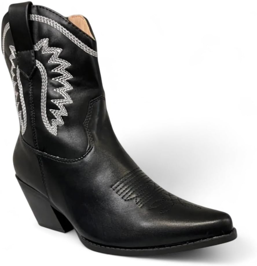 Women Pointed Toe Western Cowboy Cowgirl Low Block Heels Ankle Boots