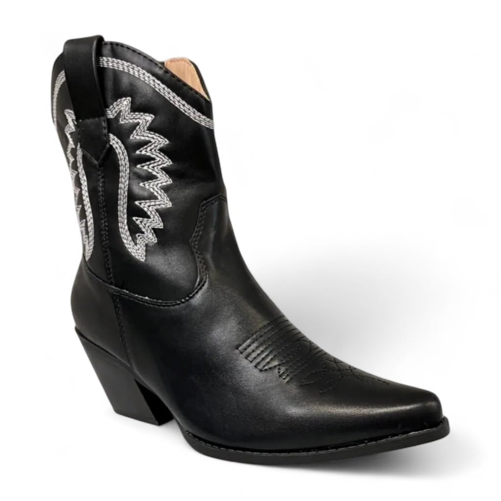 Women Pointed Toe Western Cowboy Cowgirl Low Block Heels Ankle Boots