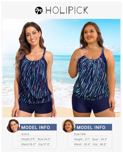 Image of Womens Tankini Swimsuit Two Piece Tummy Control Bathing Suit with Shorts | Double Up, Blouson Tank Top, Removable Pad, Adjustable Straps