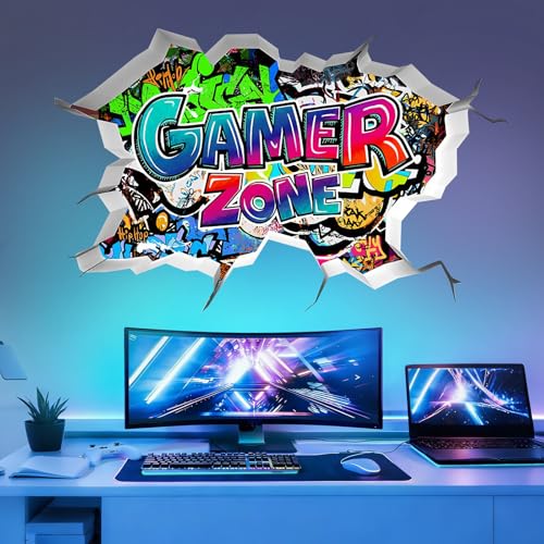 Pomodee Adesivi Murali 3D Gamer Zone Graffiti, Adesivi da Parete Rimovibili con Scritta Gaming e Videogiochi – Decorazione Murale per Camera Ragazzi, Stanza dei Giochi e Camerette Bambini