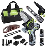 WORKPRO Cordless Detail Belt Sander, Mini Chain Saw, Electric Blower, 3-in-1 Power Tool Combo Kit, 12V, Powerful Brushless Motor, with 2 Batteries, Fast Charger and Storage Bag