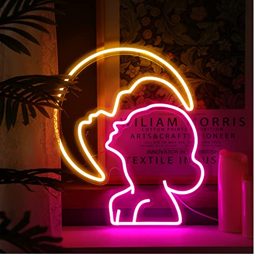 Retisee Letrero de neón con diseño de niña y luna, funciona con USB, letrero de neón bohemio para cueva de hombre, luces de neón modernas para fiestas, lindas luces LED de neón retro para regalos de