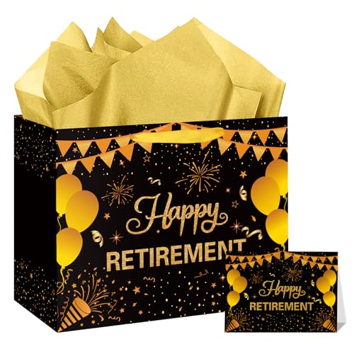 Hooqict Large Retirement Gift Bag Black Gold Happy Retirement Party Gift Bag with Handles Wrapping Paper Greeting Card for Men Women Coworker Teacher Farewell Going Away Party Favors