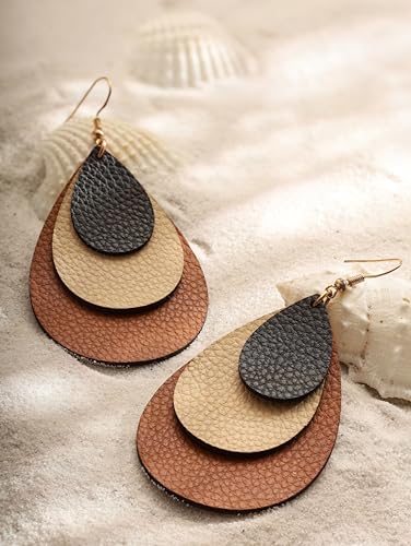 MINACHI Boho Chic Faux Leather Triple Layer Teardrop Waterdrop Dangle Drop Earrings, Vintage Bohemian Hippie Statement Jewelry Gift for Women3