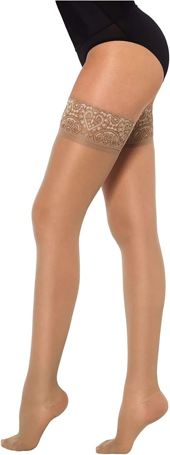 Healthweir Sheer Thigh High Compression Stockings for Women 15–20 mmHg – Medical Support Hose / Medias De Compresión Para Mujer – Closed Toe Lace Silicone Band Best for Varicose Veins Maternity Travel