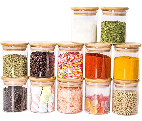 Image of ComSaf Glass Food Storage Canister with Airtight Bamboo Lid (220ml), Clear Glass Jar Container with Seal Wooden Lid for Kitchen Pantry Serving Tea Coffee Sugar Flour Spices (Set Of 12, 220ml)