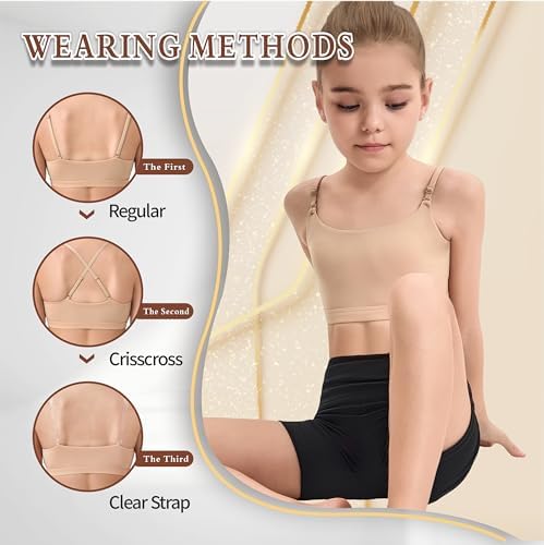 NEWCHAO Adjustable Dance Bra Seamless Bra for Girls,7-16 Years Training Ballet Gymnastics with Clear Strap and Silicone Pads Beige - 4