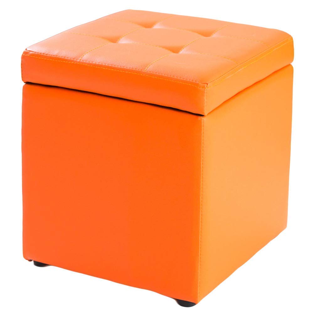 Pouf banc de rangement en faux cuir orange avec charnière robuste