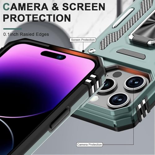 Image of ShieldTech Back Cover Case Compatible for Apple iPhone 15 Pro with Slide Camera Cover & Rotated Ring Kickstand | Military Grade Mobile Phone Cover Case for Apple iPhone 15 Pro (Green)