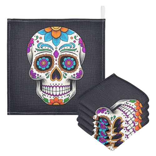 Kigai Colored Sugar Skull Baby Washcloths,5pcs Ultra Soft Absorbent Towel,Newborn Bath Face Towel, Natural Reusable Baby Wipes for Sensitive Skin, Baby Registry as Shower