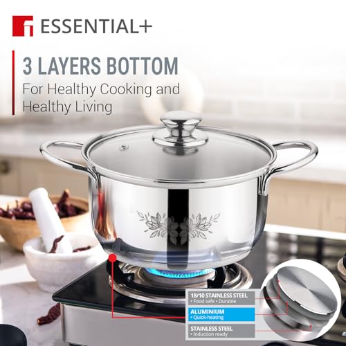 Image of Essential Plus by Bergner 4 Pcs Stainless Steel Cooking Pots Set - 16cm /1.6L Casserole with Glass Lid and 18cm /2.3L Casserole with Glass Lid, Less Oil Use, Healthy Cooking - Induction Bottom