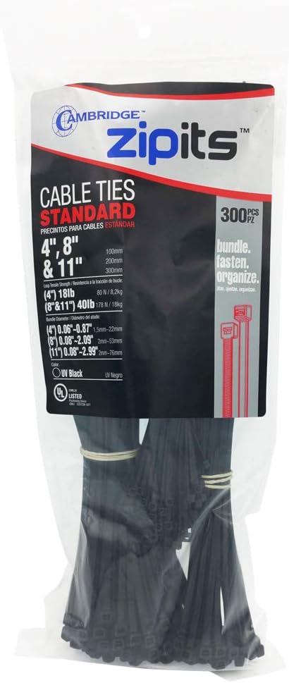 Cambridge ZipIts Nylon 6/6 UL Listed Cable Tie Kit 300 Pack Assortment of 4-in, 8-in, 11-in Self Locking UV Resistant Black Zip Ties, Contractor Quality and Strength