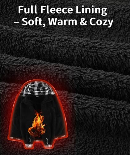 Image of V VALANCH Men's Sherpa Lined Flannel Jacket with Hood - Zip Up Plaid Shirt Jacket Winter Outdoor Warm Outerwear Fleece Coat