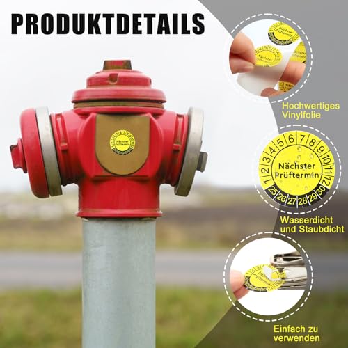 KASURE 1500 Stück Nächster Prüftermin Prüfplaketten 25MM mit 1 Lochzange Rundloch 3MM, Prüfplakette Gelb Selbstklebend, Wartungsetiketten Mehrjahresprüfplaketten für leitern und tritte