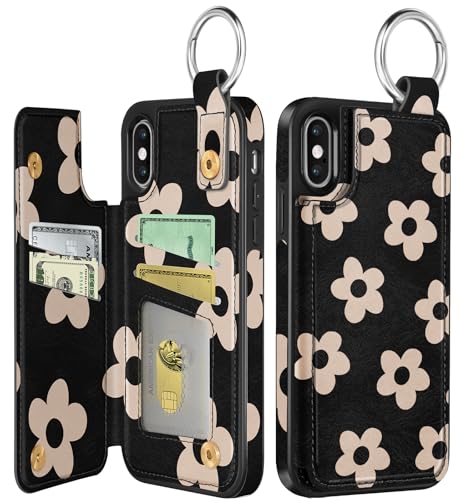 Shorogyt Compatible with iPhone Xs Max Wallet Case with Card Holder - Designer Black Flower Pattern Kickstand Magnetic Clasp Back Flip Folio Leather Phone Covers for Women Men Girls