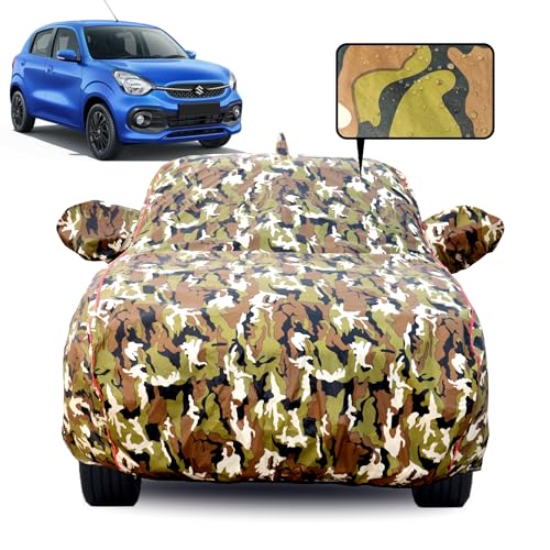 Image of Waterproof Car Body Cover for Maruti Suzuki Celerio (2021-2026) with Mirror Pocket, Soft Cotton Lining, Triple Stitched, Full Bottom Elastic (Heat Resistant Jungle Print with Red Piping)