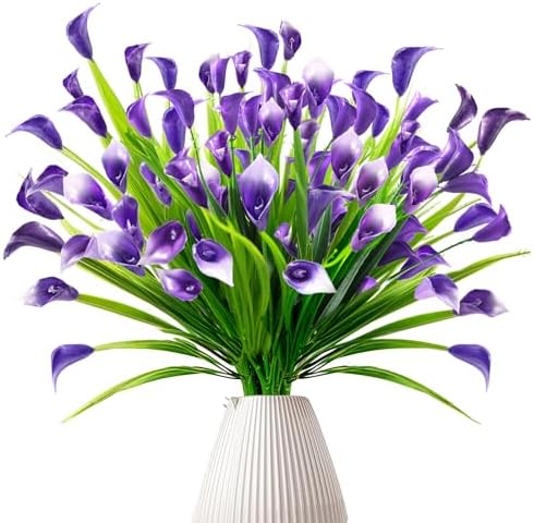 16 Bundles Calla Lily (400 Heads) Artificial Flowers for Outdoors Plastic Fake Flowers Plants UV Resistant Faux Flowers for Hanging Planter Wedding Indoor Porch Yard Summer Cemetery Decor (Purple)