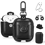 Maxjoy for AirPods Case Cover, Airpods 2 Case Leather Gen 2 Protective Cover with Keychain/Ear Hooks/Airpods Strap/Watch Band Holder/Earpods Case Compatible with Apple Airpods 2nd 1st Generation,Black