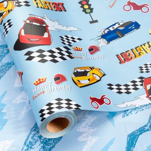 Merture Blue Birthday Wrapping Paper Roll - 17 In X 16.4 Ft(23.3 sqft) - Boys Wrapping Paper for Celebrate Party Baby Shower with Race Car Happy Birthday Text and Lightning Pattern