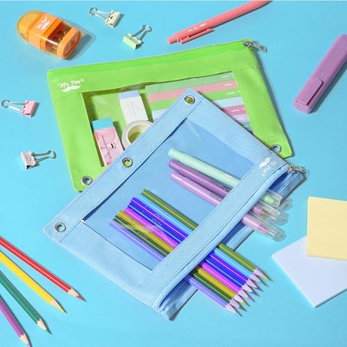 Image of Mr. Pen- Pencil Pouch for 3 Ring Binder, 2 Pack, 10 inchx6.75 inch, Smooth Zipper | Clear Window, Large Capacity Pencil Case with 3 Reinforced Grommets for School, Office, Supplies Storage | Clear Window, Large Capacity Pencil Case with 3 Reinforced Grommets for School, Office, Supplies Storage