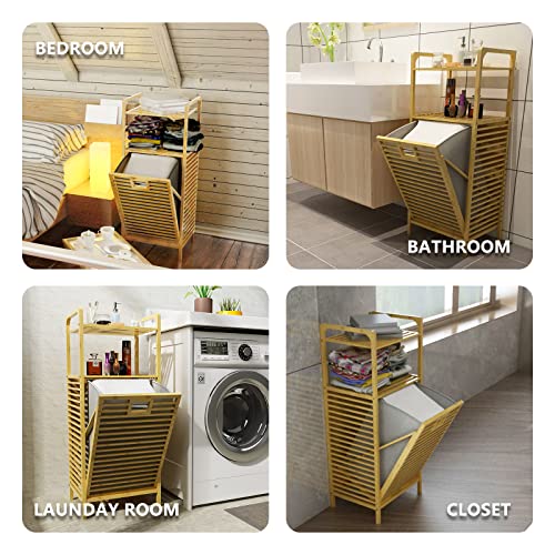 Bamboo Laundry Hamper Basket With Liner Bag Storage - Clothes Hamper With Handles 2-Tier Shelves Space Saving Laundry Room Shelves For Bathroom Living Room Bedroom Decorate #TOP5