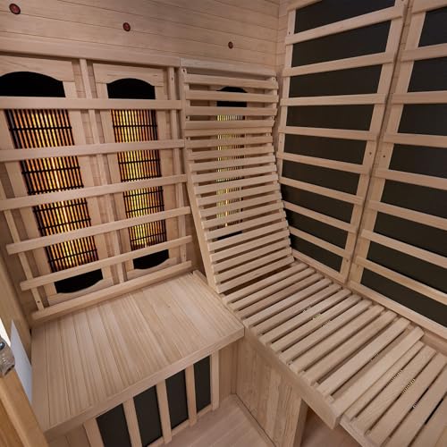Artsauna Infrarotkabine Aalborg Dual- Technologie- 120x120x190 cm- 2 Personen- mit Relaxliege, Sitzbank, LED Farblicht & Glastür- Hemlock Holz Infrarotsauna-7
