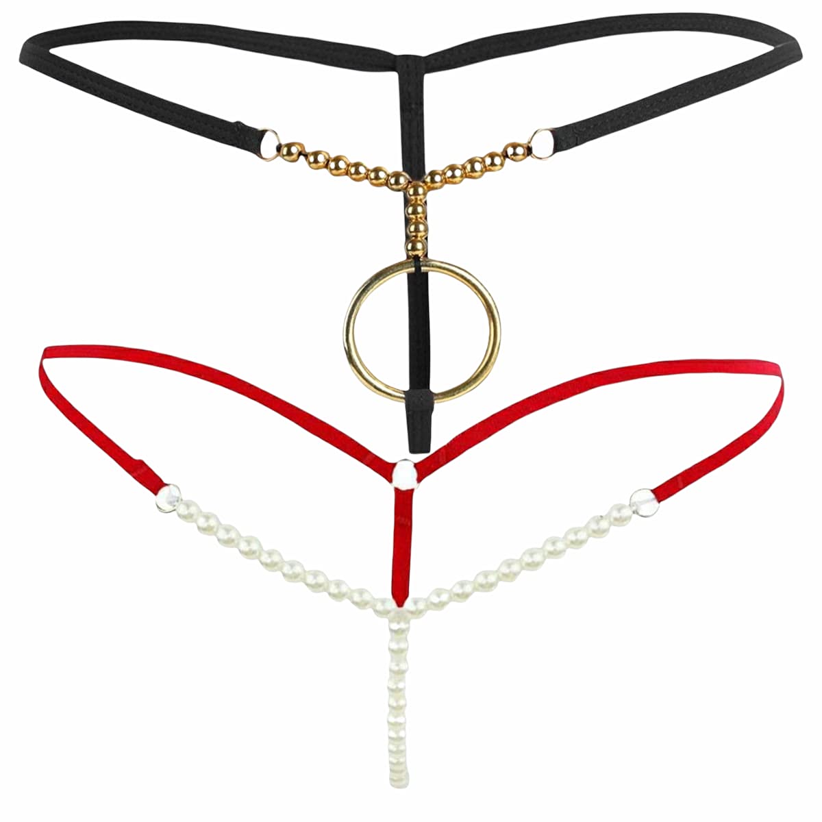 Men's and Women's Thong Bikini Metal o Ring Type Pearl G-String Low Waist Lingerie Thong, Free Size Red