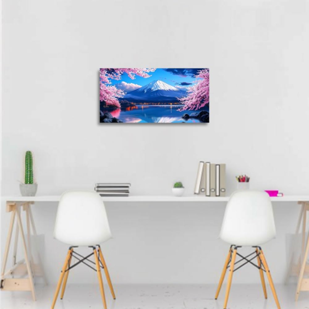 CGXLB Cherry Blossoms Wall Art Mount Fuji Painting Pink Sakura Tree Poster Japanese Framed Canvas Art Nature Decor Serene Landscape Artwork for Living Room Bedroom Office 12"x24"