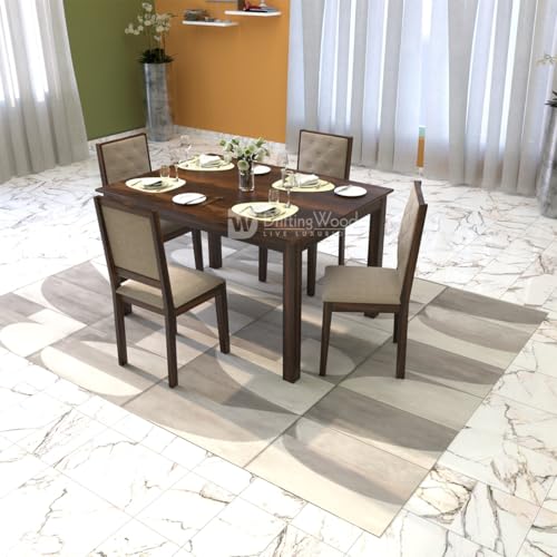 Image of DRIFTINGWOOD Izabel Dining Table 4 Seater | Four Seater Dinning Table with 4 Chairs with Beige Cushions for Home | Rosewood, Walnut Finish, Self Assembly(DIY)