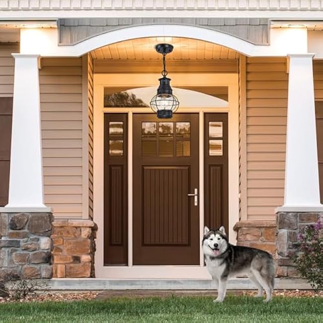 Dusk to Dawn Outdoor Pendant Lights for Porch, Farmhouse Black Outdoor Chandelier for Gazebo, Exterior Hanging Porch Light Fixture with Seeded Glass for Front Door Patio Foyer Entryway