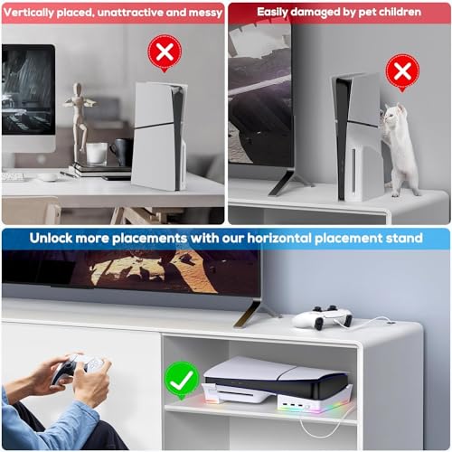 Image of New World RGB Horizontal Stand for PS5 Slim Console Accessories with 14 Light Mode and 4 USB Hubs, Side Stand for Playstation 5 Slim Disc & Digital, Base Holder with Fast Controller Charging