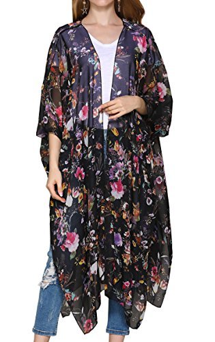 Hibluco Women's Long Floral Kimono Printed Cardigan Sheer Swimsuit Cover Ups