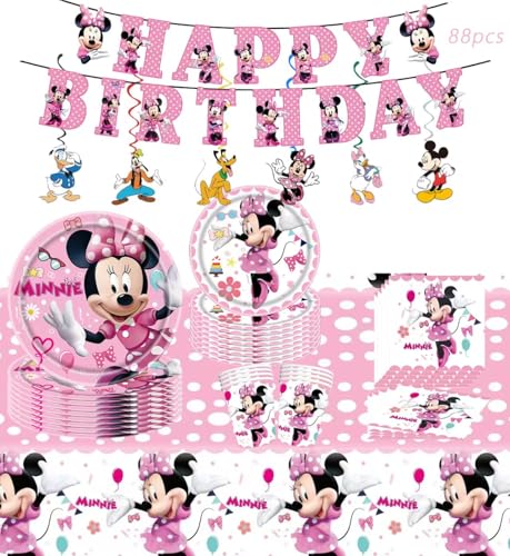 88 Psc Minnie Birthday Party Supplies Set, Pink Theme, with Banner, Plates, Cups, Utensils, Napkins,...