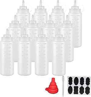 YBCPACK 12 Pack 16 oz（500ml） Plastic Squeeze Squirt Condiment Bottles with Twist On Cap Lids & Label, A Pen, 1 Funnel-Squeeze Sauce Bottles Dispenser for Condiment, Ketchup, Hot Sauce, Oil