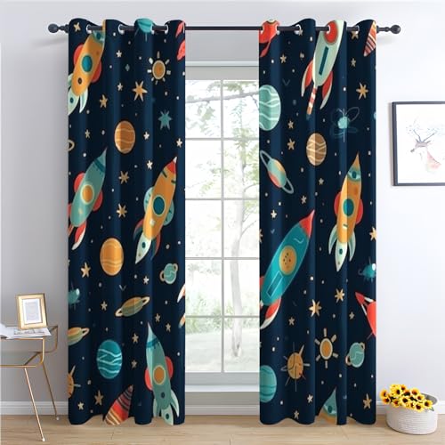 Kids Space Blackout Curtains, Rocket Curtains for Bedroom Living Room, 108 Inch Drop Drapes, Eyelet Thermal Curtains, Window Treatments, 2 Panels - Image 2