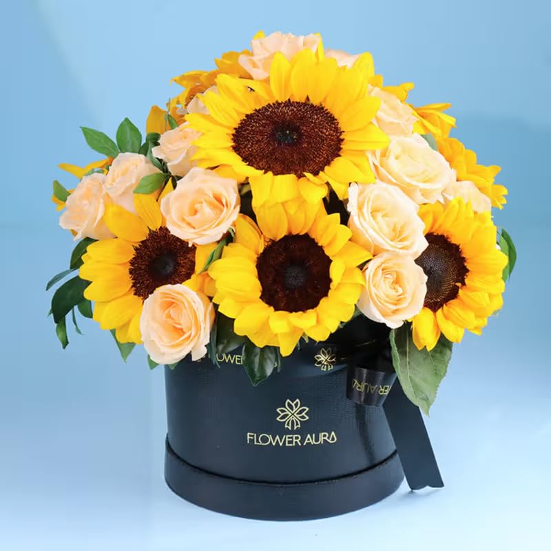 FlowerAura Fresh Live Premium Flower Bouquet of 8 Sunflowers & 15 Peach Roses In Box For Birthday & Anniversary Gift, Mother's Day Gift, Love & Romance Gift, Father's Day Gift (Same Day Delivery)-image-29