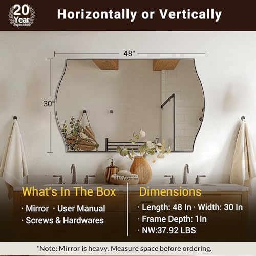 Image of ANDY STAR 30 inchx48 inch Scalloped Mirror，Polished Chrome Rectangle Bathroom Mirror with Curved Edge Stainless Steel Metal Frame, Large Wall-Mounted Mirror for Bathroom, Entryway (Horizontal /Vertical)
