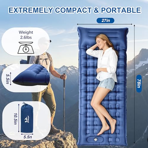 Image of Camping Sleeping Pad 5.5 inch Thick with Pillow & Built-in Foot Pump