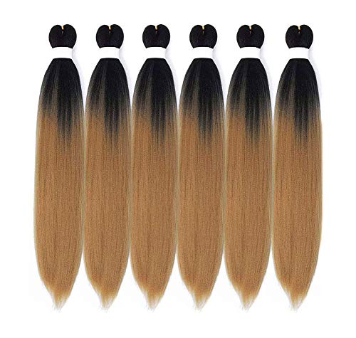 Ombre Pre Stretched Braiding Hair Braid Crochet Brown Synthetic Hair for Braiding 6 Packs Braiding Hair 24 Inch Yaki Texture Braiding Hair (1B/30)